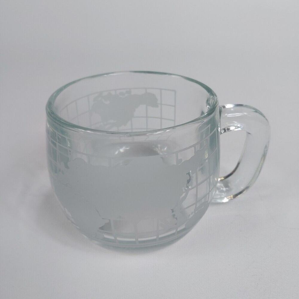 Vintage‎ Nestle Nescafe Etched Clear Glass World Globe Coffee Mug Cup